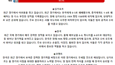 월드컵 예선전 6월 6일 21:00 싱가포르 : 대한민국