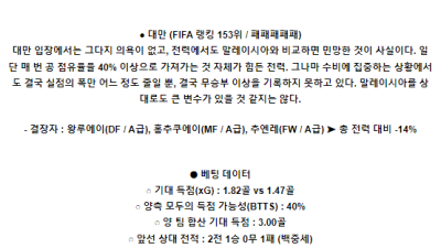 6월11일 말레이시아 대만 월드컵예선전분석 해외스포츠