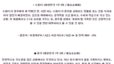 6월25일 수원 광주 K리그 분석 국내스포츠 무료중계