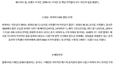 7월8일 2024 올림픽 스페인 바하마 국내외농구분석 스포츠분석
