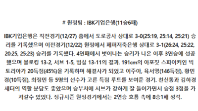 12월 31일 19:00 V-리그 여자부 정관장 IBK 기업은행